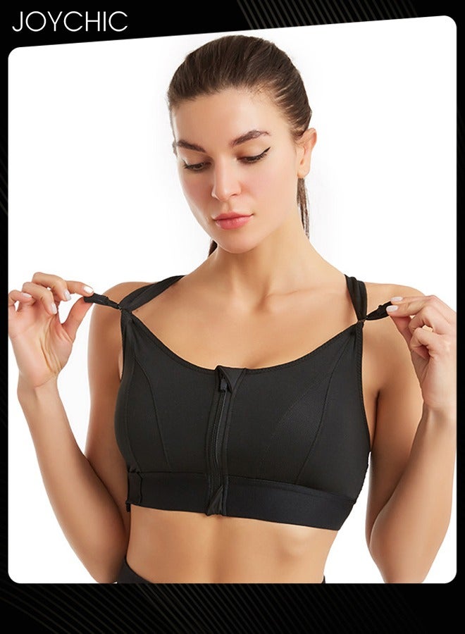 Joychic Adjustable Front Zipper Sports Bra Shockproof No Rims Breathable and Comfort Vest Yoga Cross Back Beauty Bra with Magic Belt Design for Women Girls Running Fitness Black  - Image 2