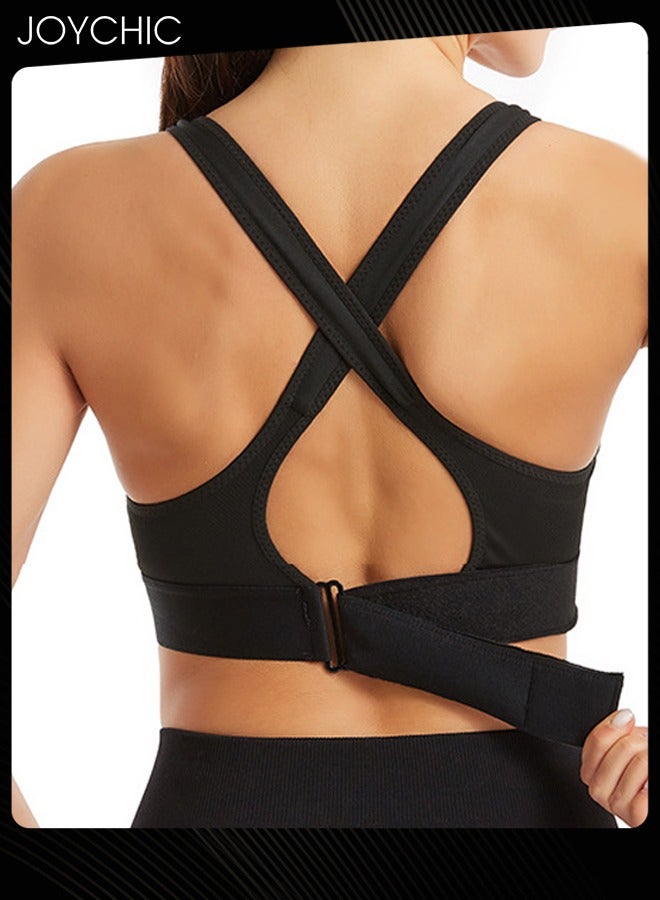 Joychic Adjustable Front Zipper Sports Bra Shockproof No Rims Breathable and Comfort Vest Yoga Cross Back Beauty Bra with Magic Belt Design for Women Girls Running Fitness Black  - Image 3