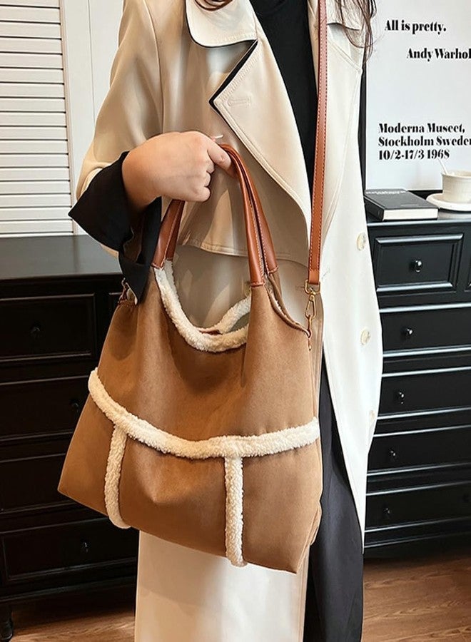 حقيبة يد كبيرة للنساء من جلد الغزال، حقيبة كتف كروسبودي، حقيبة يد بمقبض علوي، مبطنة بصوف صناعي، حقيبة سفر للعمل. - Image 3