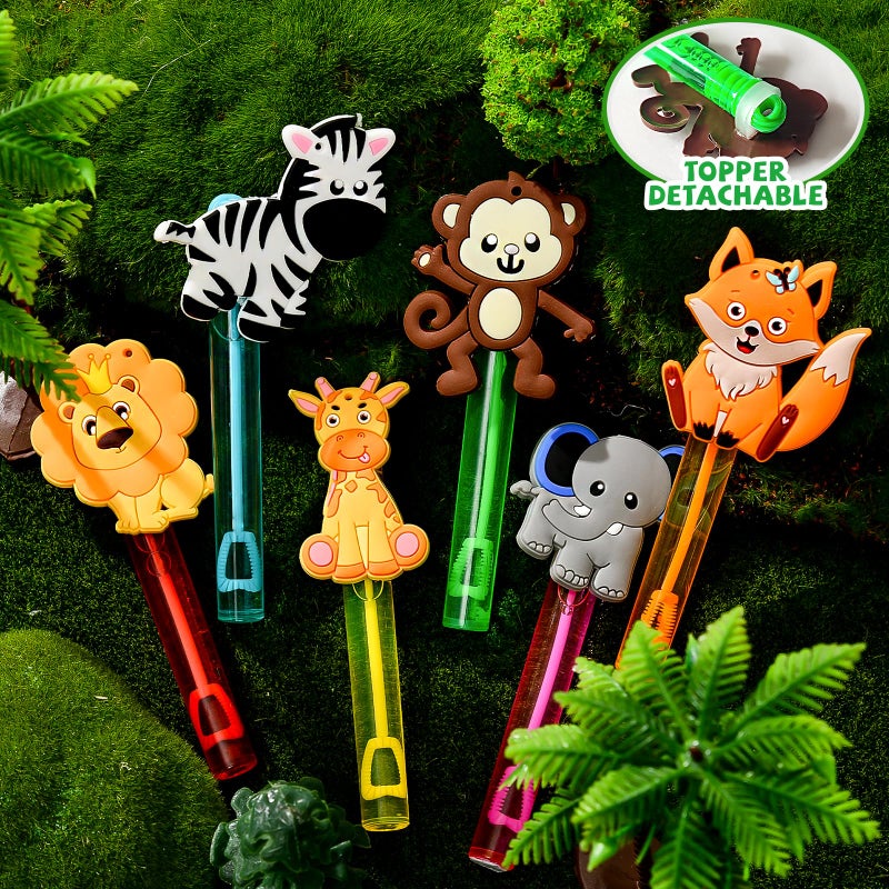 Winrayk Safari Party Favors, 24Pcs Jungle Animals Mini Bubble Wands for Kids Bubbles Bulk with Detachable Topper (6 Styles & Colors), Birthday Goodie Bag Stuffer Classroom Prizes Wild One Party Favors - Image 3