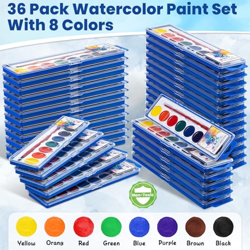 Duchong 36 Pack Watercolor Paint Set Bulk8 Colors Washable WaterColor Paint for Kids Water Color Paint with Brushes Ideal Valentine Party Favors Art Supplies for School Classroom Home - Image 5