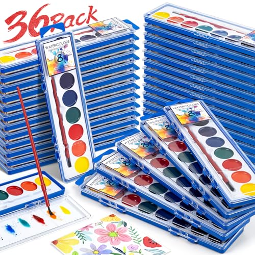 Duchong 36 Pack Watercolor Paint Set Bulk8 Colors Washable WaterColor Paint for Kids Water Color Paint with Brushes Ideal Valentine Party Favors Art Supplies for School Classroom Home - Image 1