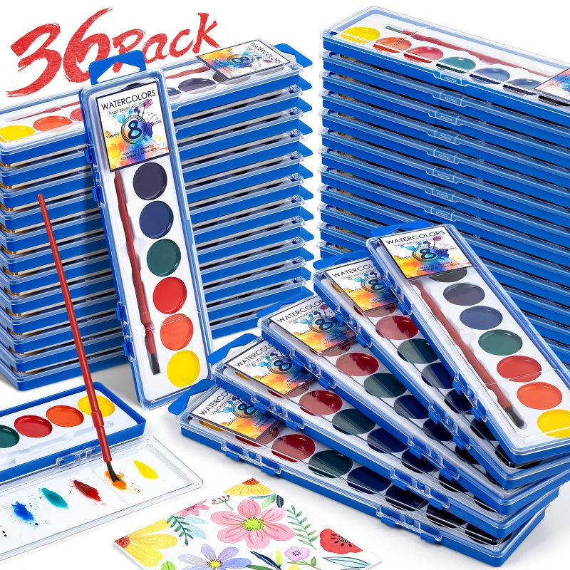 Duchong 36 Pack Watercolor Paint Set Bulk8 Colors Washable WaterColor Paint for Kids Water Color Paint with Brushes Ideal Valentine Party Favors Art Supplies for School Classroom Home - Image 2