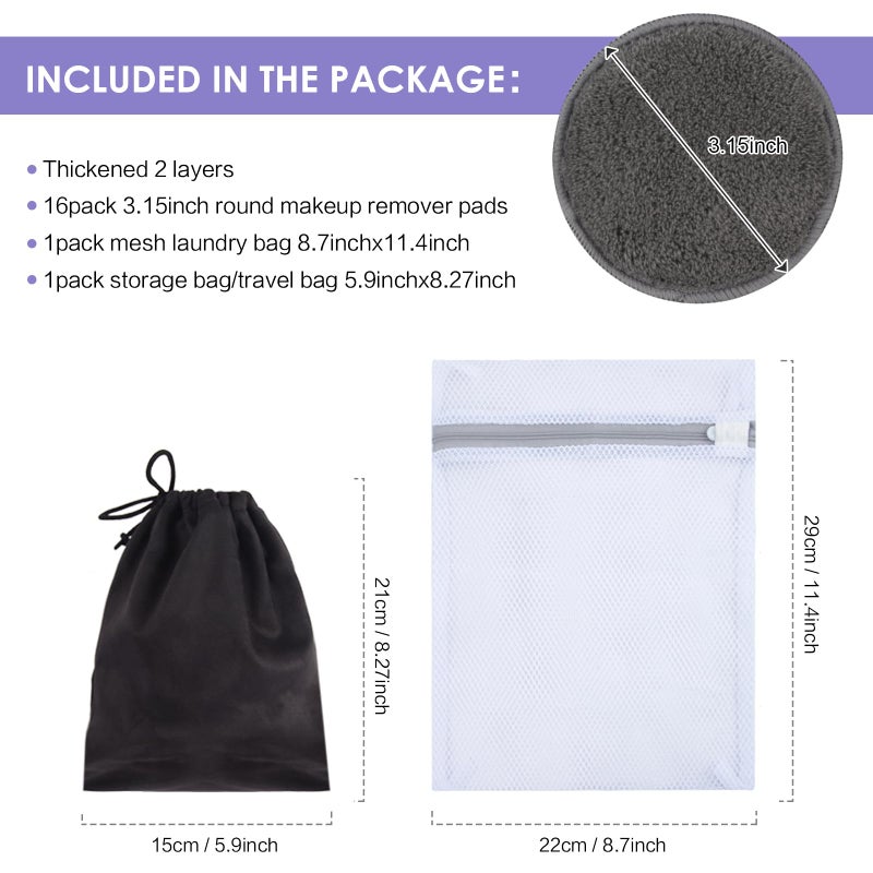 SUNLAND Reusable Makeup Remover Pads for Face,Eye,Lips 16 Pack Microfiber Face Cleansing Gloves Washable with Laundry Bag and Travel Bag Rounds Toner Pads (Round 3.15inchx16, Dark Grey) - Image 2