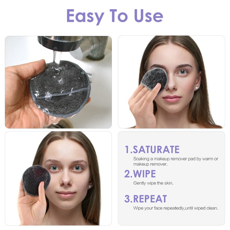 SUNLAND Reusable Makeup Remover Pads for Face,Eye,Lips 16 Pack Microfiber Face Cleansing Gloves Washable with Laundry Bag and Travel Bag Rounds Toner Pads (Round 3.15inchx16, Dark Grey) - Image 4