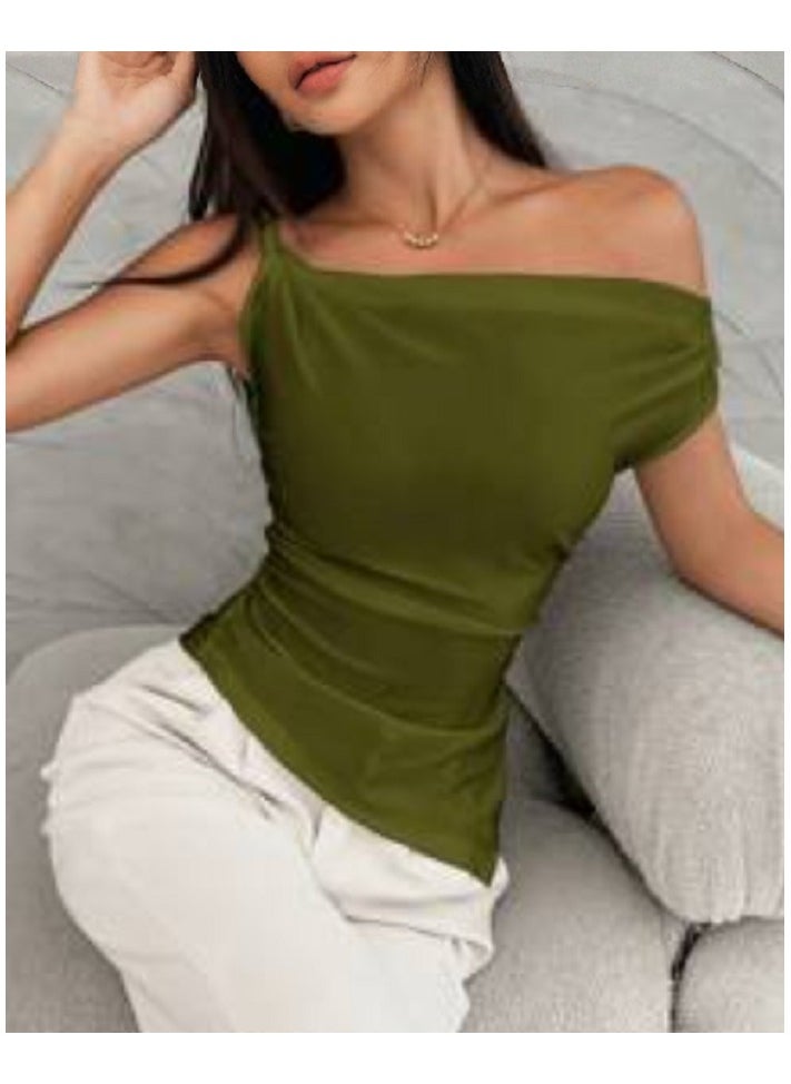 Shein - Women's Commuting Style Asymmetric Shoulder Ruffle Asymmetrical Hem Summer T-Shir - Image 1