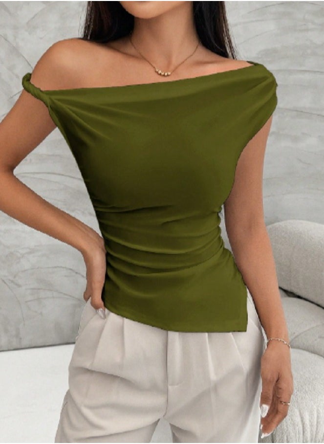 Shein - Women's Commuting Style Asymmetric Shoulder Ruffle Asymmetrical Hem Summer T-Shir - Image 1