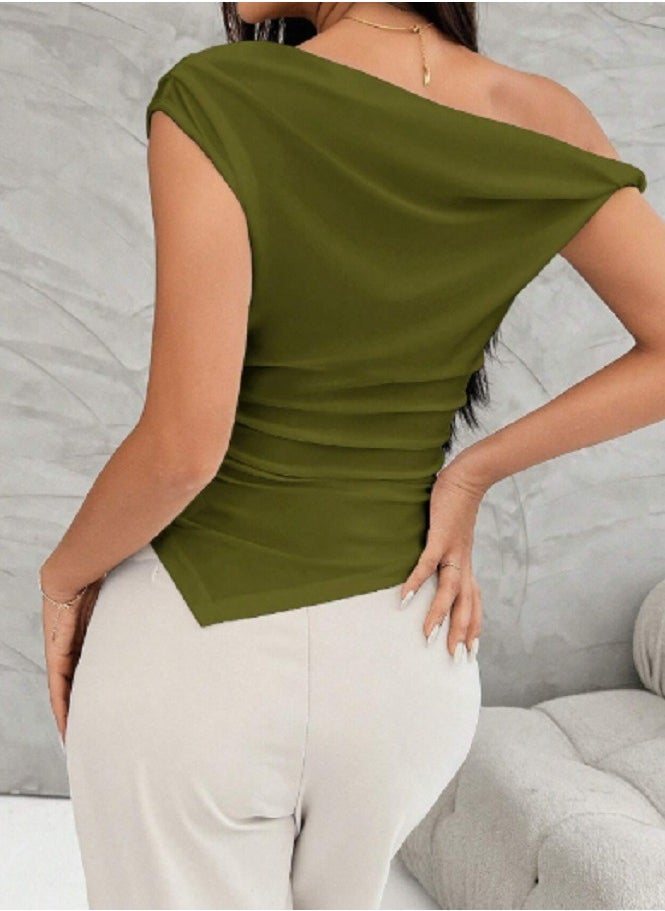Shein - Women's Commuting Style Asymmetric Shoulder Ruffle Asymmetrical Hem Summer T-Shir - Image 1