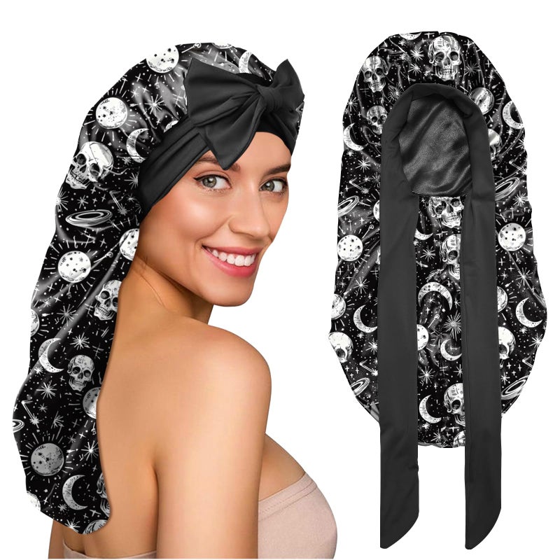 BHAHB Silk Long Satin Hair Braid Bonnet for Sleeping Adjustable Double Layer Elastic Reusable Long Hair Caps Cute Aesthetic for Women Girls-Star - Image 1