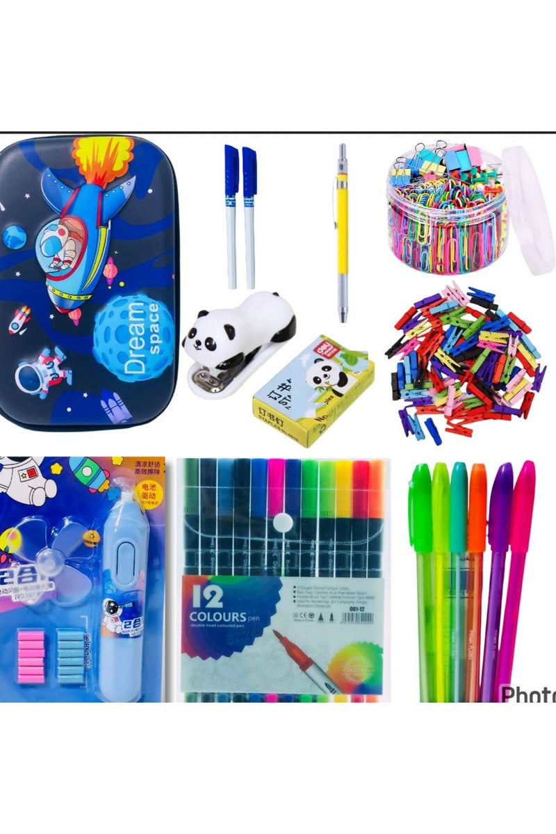 Generic 9 Pieces School Supplies Set (Spaceman Pencil Case + 4 Colored Highlighters + 12 Double-Ended Brush Markers + Acrylic Pencil + Mini Stapler & Tacks + 2 Fine Point Pens + 3 in 1 Paper Clip Set + Wooden Clip Bag + Kids Stick with Fan) - Image 1