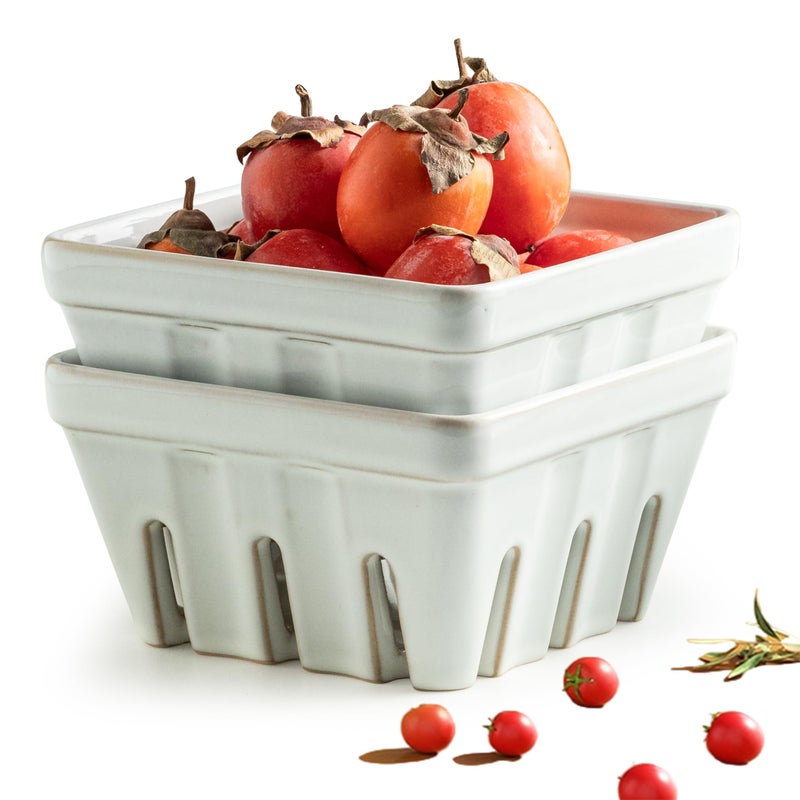 Gomakren Fruit Basket for Kitchen, Fruit Bowl with Holes, Ceramic Berry Basket Set of 2, 5.7 Inch Square Berry Containers Colander - Farmhouse Kitchen Decor, White - Image 1