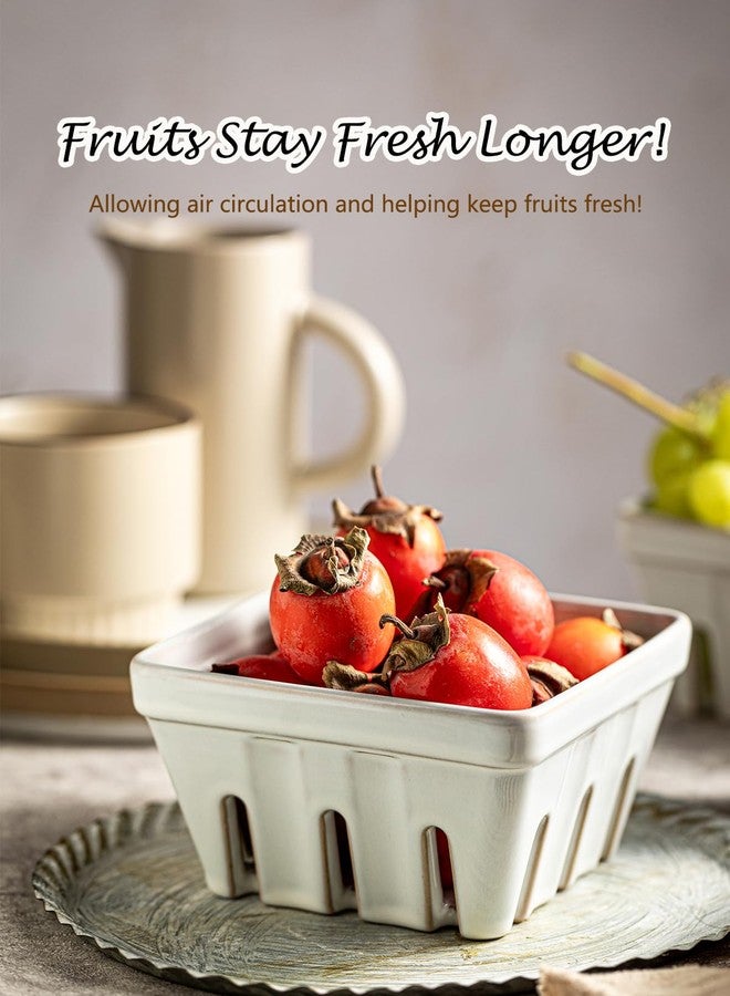 Gomakren Fruit Basket for Kitchen, Fruit Bowl with Holes, Ceramic Berry Basket Set of 2, 5.7 Inch Square Berry Containers Colander - Farmhouse Kitchen Decor, White - Image 4