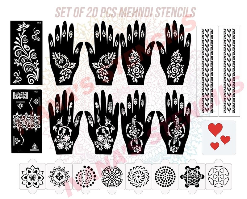 ivana's Ivanas Set of 20 Pcs Combo Pack Reusable Mehendi Stencil Setfor Both Hands Easy to Use Best for Girls Women Kids  Teen New Mehandi Stencils Design Stickers D2316 - Image 1