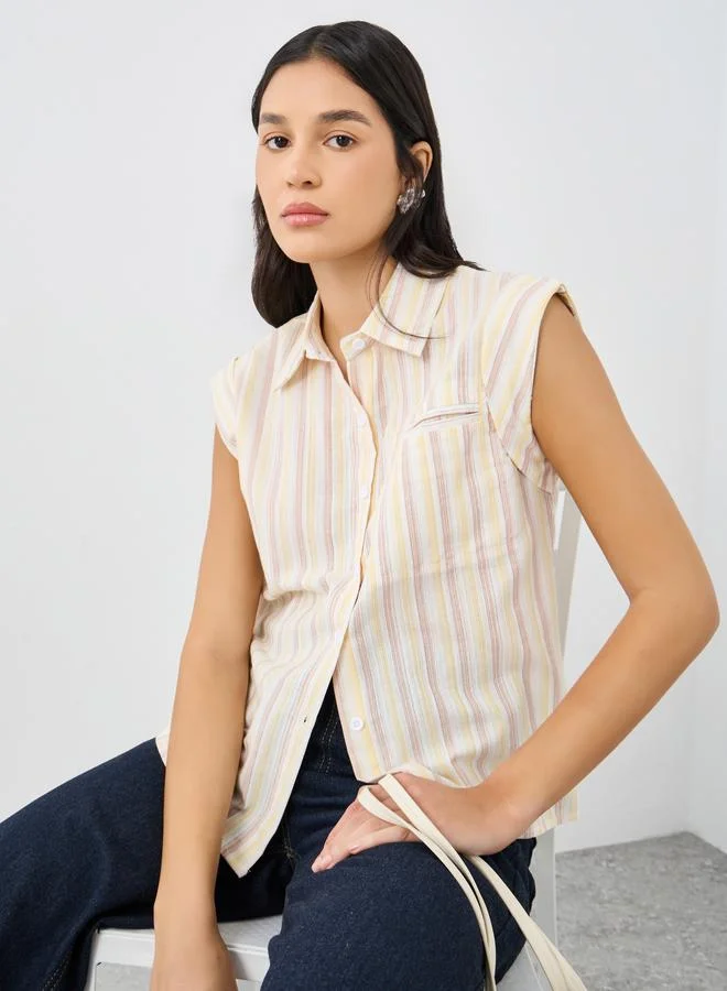 ستايلي Styli Striped Sleeveless Shirt with Spread Collar