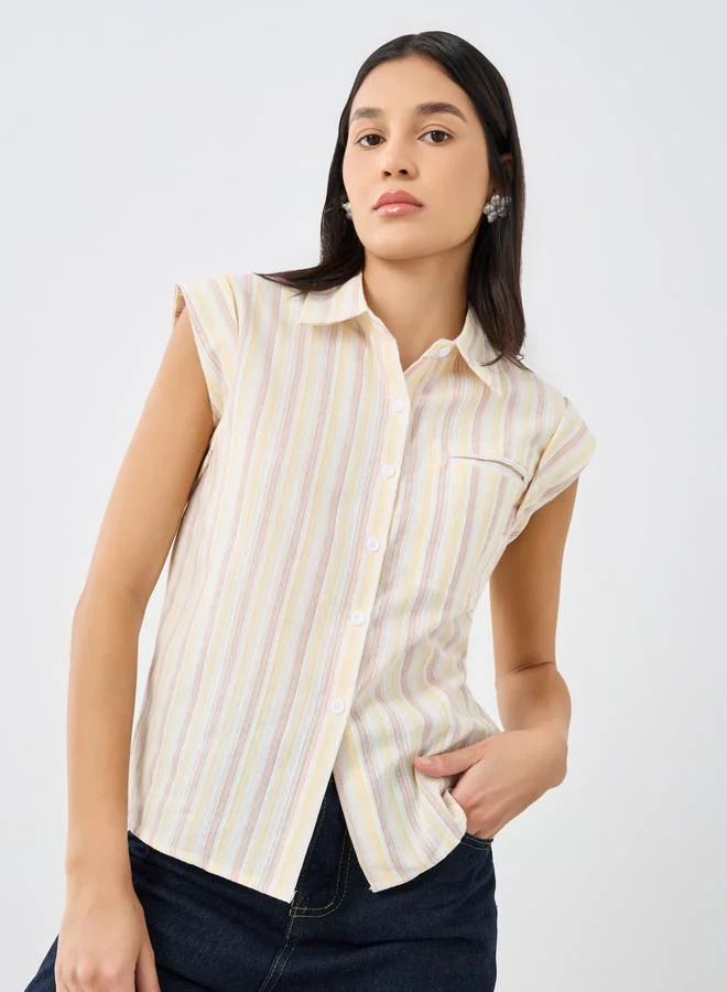 Styli Styli Striped Sleeveless Shirt with Spread Collar