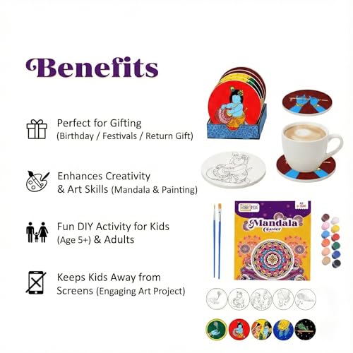 HOBBY INDIA Krishna Mandala Art Kit for Adults and Kids | DIY Tea Coaster Set of 6 with Painting Kit | Unique Art and Craft Kit Gift | Perfect Coaster for Office Desk, Dining Table Kitchen Decoration - Image 4