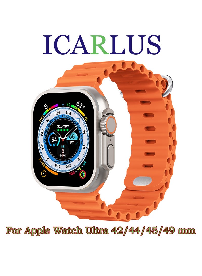 ICARLUS - Ocean Band Compatible with Apple Watch Ultra Band 49/45/44/42mm Men Women, Soft Silicone Sport Band Replacement Strap for Apple Watch Ultra2/Ultra iWatch Series 9 8 7 SE 6 5 4 3 2 1 Orange - Image 1