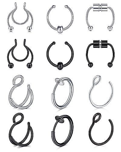 QWALIT Fake Nose Ring Hoop - Faux Septum Clip On for Women and Men - Non Piercing Silver Black - Image 1