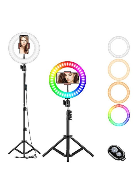 مصباح حلقة سيلفي 10 بوصات ، مصباح حلقي RGB LED مع حامل ثلاثي القوائم وحامل هاتف محمول للبث المباشر / المكياج / YouTube / TikTok / التصوير الفوتوغرافي / تسجيل الفيديو متوافق مع iPhone و Android Phone
