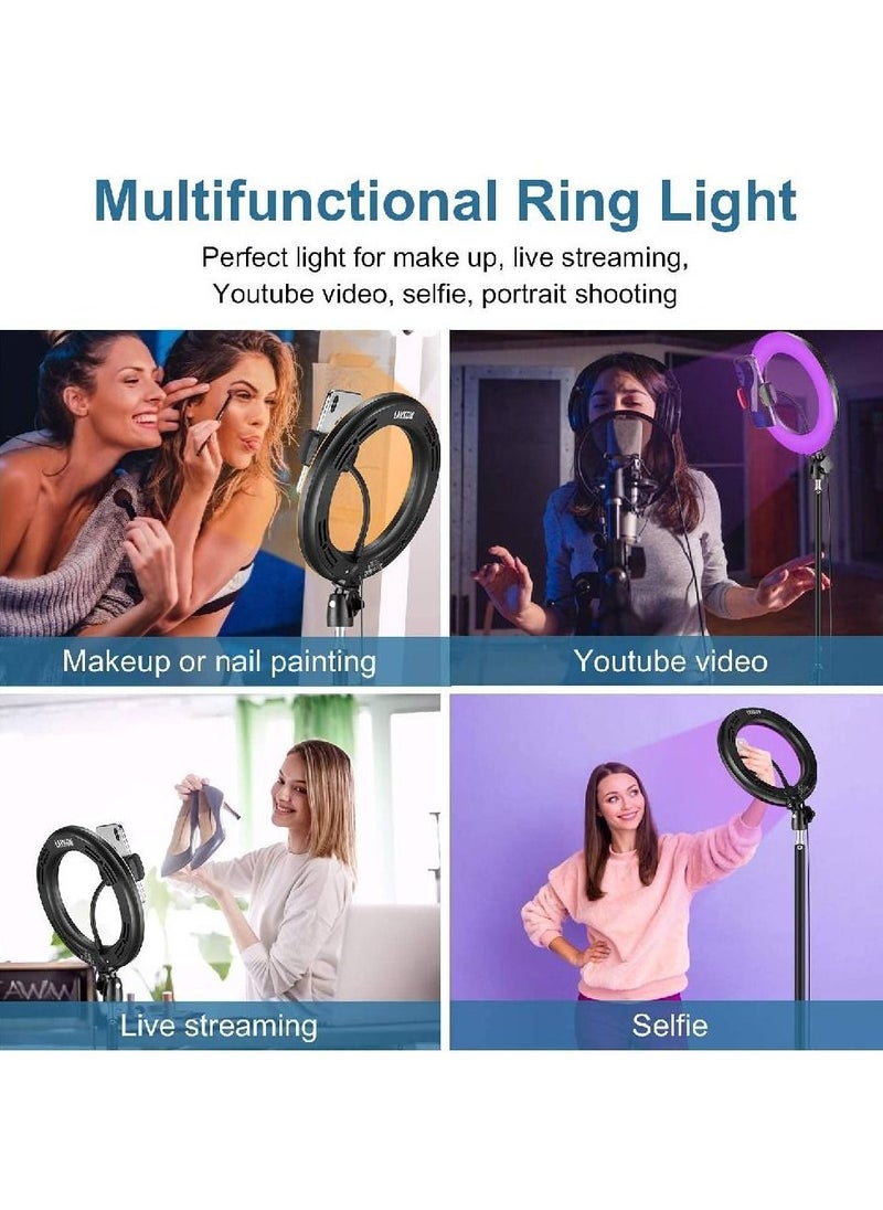 جينيكست - مصباح حلقة سيلفي 10 بوصات ، مصباح حلقي RGB LED مع حامل ثلاثي القوائم وحامل هاتف محمول للبث المباشر / المكياج / YouTube / TikTok / التصوير الفوتوغرافي / تسجيل الفيديو متوافق مع iPhone و Android Phone - Image 1