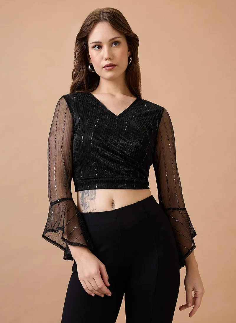 globus Globus Women V-Neck Flared Sleeves Embellished Sheen Waist Tie-Up Party Crop Top