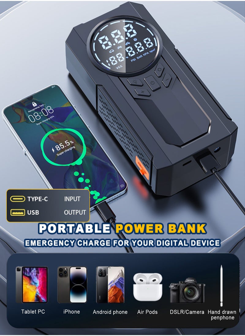 HomarKet - Portable Cordless Car Battery Emergency Starter, Tire Air Pump, Air Compressor To Easily Inflate Tires, LED Display, With Flashlight, Mobile Power Supply, Large Capacity Storage - Image 1
