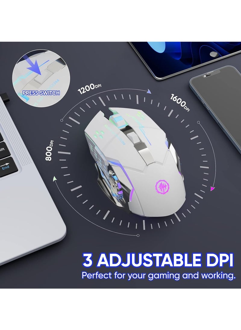 Bukela - Wireless Gaming Mouse Bluetooth Mouse RGB Rechargeable 2.4G USB Cordless Computer Mice with 7 Color Backlit, 6 Buttons & Silent Click for Laptop, iPad, Mac OS, PC, Windows -White - Image 1