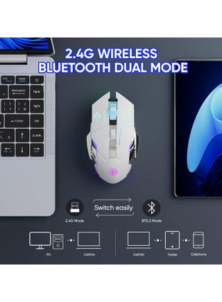 Wireless Gaming Mouse Bluetooth Mouse RGB Rechargeable 2.4G USB Cordless Computer Mice with 7 Color Backlit, 6 Buttons & Silent Click for Laptop, iPad, Mac OS, PC, Windows -White - view 4