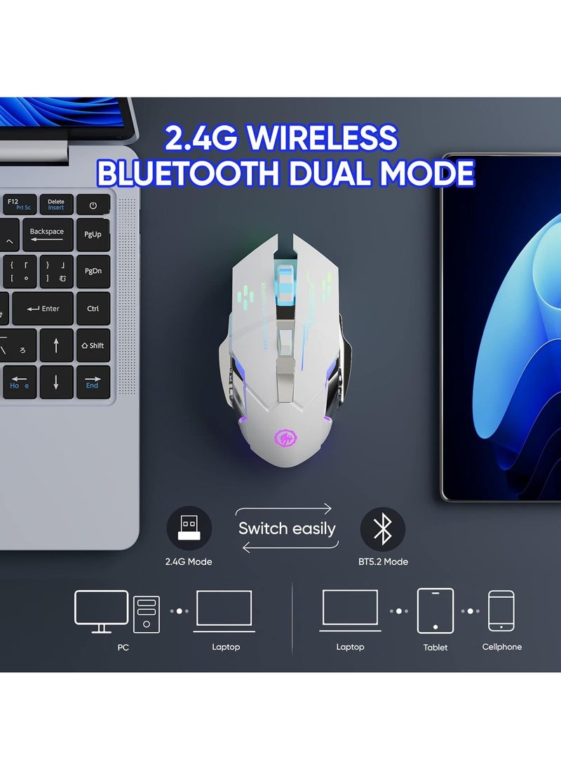 Bukela - Wireless Gaming Mouse Bluetooth Mouse RGB Rechargeable 2.4G USB Cordless Computer Mice with 7 Color Backlit, 6 Buttons & Silent Click for Laptop, iPad, Mac OS, PC, Windows -White - Image 1