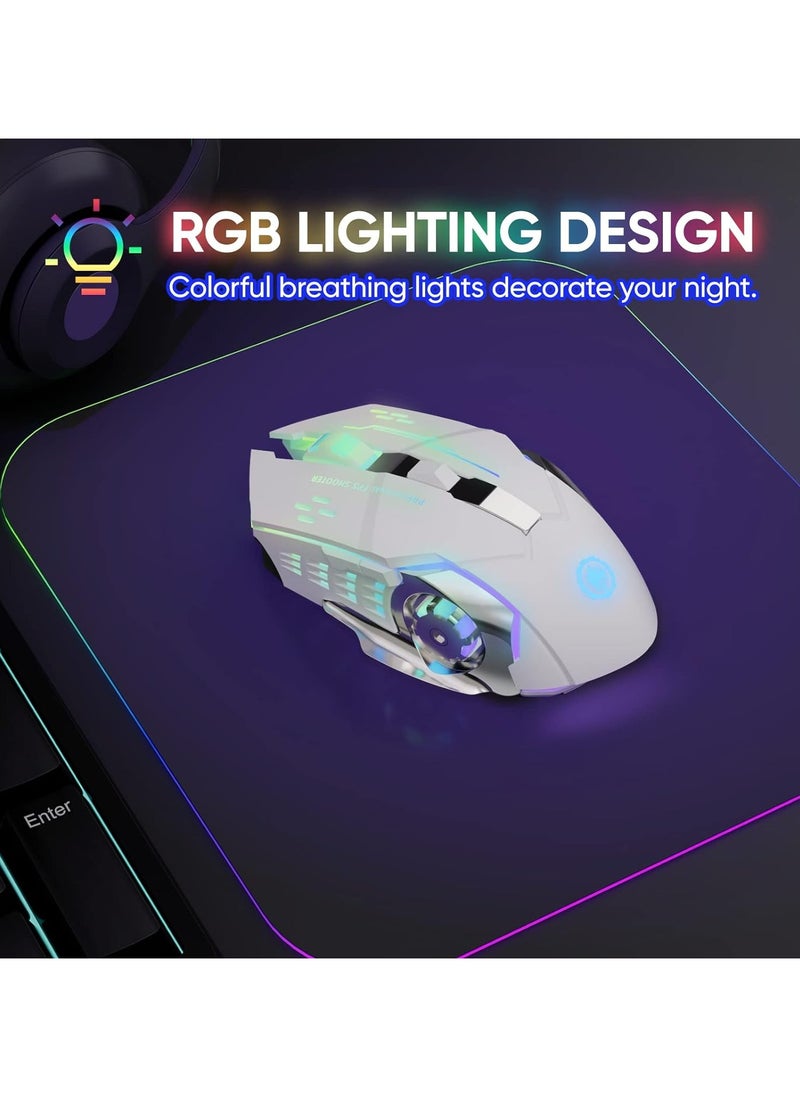 Bukela - Wireless Gaming Mouse Bluetooth Mouse RGB Rechargeable 2.4G USB Cordless Computer Mice with 7 Color Backlit, 6 Buttons & Silent Click for Laptop, iPad, Mac OS, PC, Windows -White - Image 1