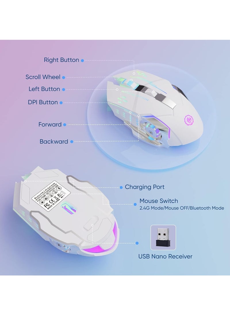 Bukela - Wireless Gaming Mouse Bluetooth Mouse RGB Rechargeable 2.4G USB Cordless Computer Mice with 7 Color Backlit, 6 Buttons & Silent Click for Laptop, iPad, Mac OS, PC, Windows -White - Image 1