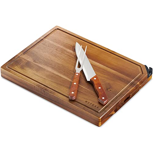 Mitbak Meat Cutting Board  Wooden Chopping Board With a Knife And Tongue  BuiltIn Knife Sharpener  Our Wood Charcuterie Board Makes a Beautiful Gift Idea for Women  Men  16 x 14 x 2 Inches