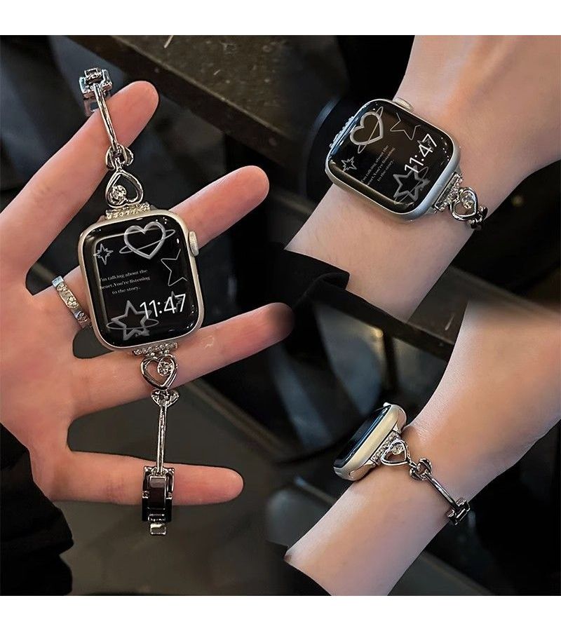 Silvery Chain And Pink Diamond Heart Strap For Apple Watch 38 40 41 42mm - Image 1
