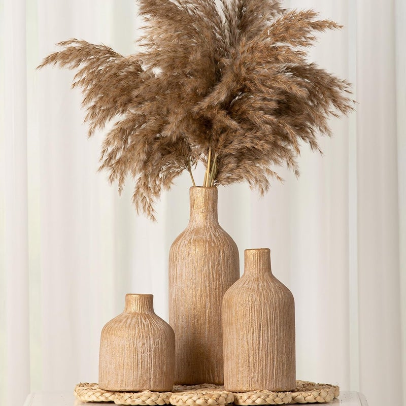 Vanselia Ceramic Vase Home Table Decor - Gold Flower Vase Set of 3 Living Room Kitchen Decorations Farmhouse Modern Rustic Vases Decorative Centerpiece for Shelf Bedroom Office Bathroom Dining Coffee Desk - Image 4