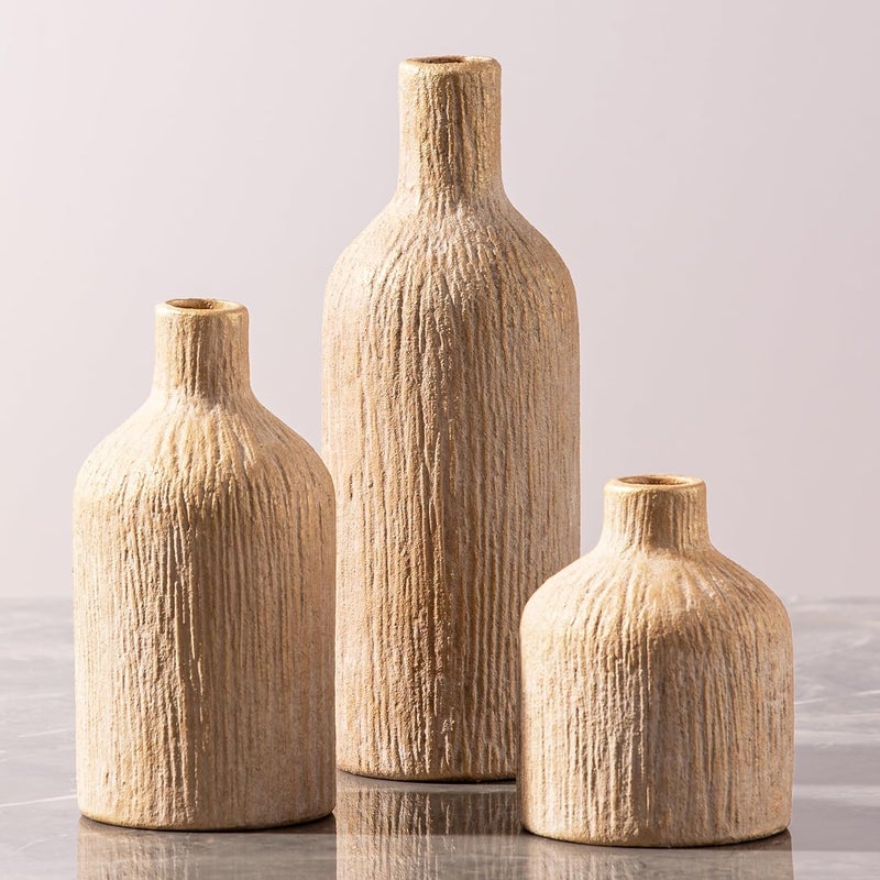 Vanselia Ceramic Vase Home Table Decor - Gold Flower Vase Set of 3 Living Room Kitchen Decorations Farmhouse Modern Rustic Vases Decorative Centerpiece for Shelf Bedroom Office Bathroom Dining Coffee Desk - Image 1