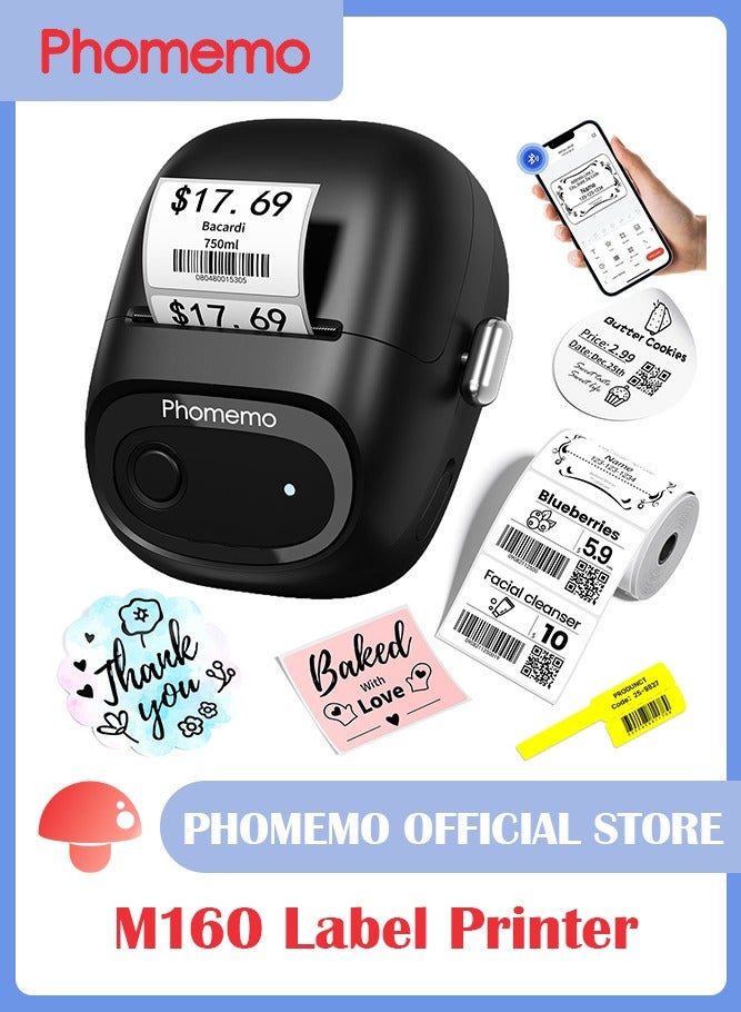 phomemo M160 Label Maker, Bluetooth Address Label Printer with Different Fonts and Templates, 2 Inch Barcode Label Maker for Small Business, Mailing, Logo, Clothing, Sticker Printer for Phone& PC, Black - Image 1