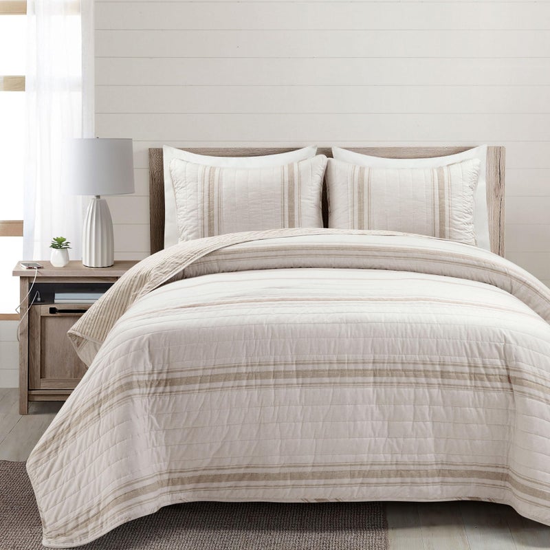 Lush Decor Farmhouse Stripe Reversible Cotton Quilt King Size 3 Piece Set Neutral  Farmhouse Bedding Set King Quilt  Striped Bedding