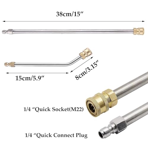 SSEHCWAN 2Pcs Pressure Washer Extension Wand, Extension Lance (15"/38cm) + 30°Curved Extension Rod (8.7"/22cm), 1/4 Inch Quick Connect, 4000 PSI Silver - Image 2