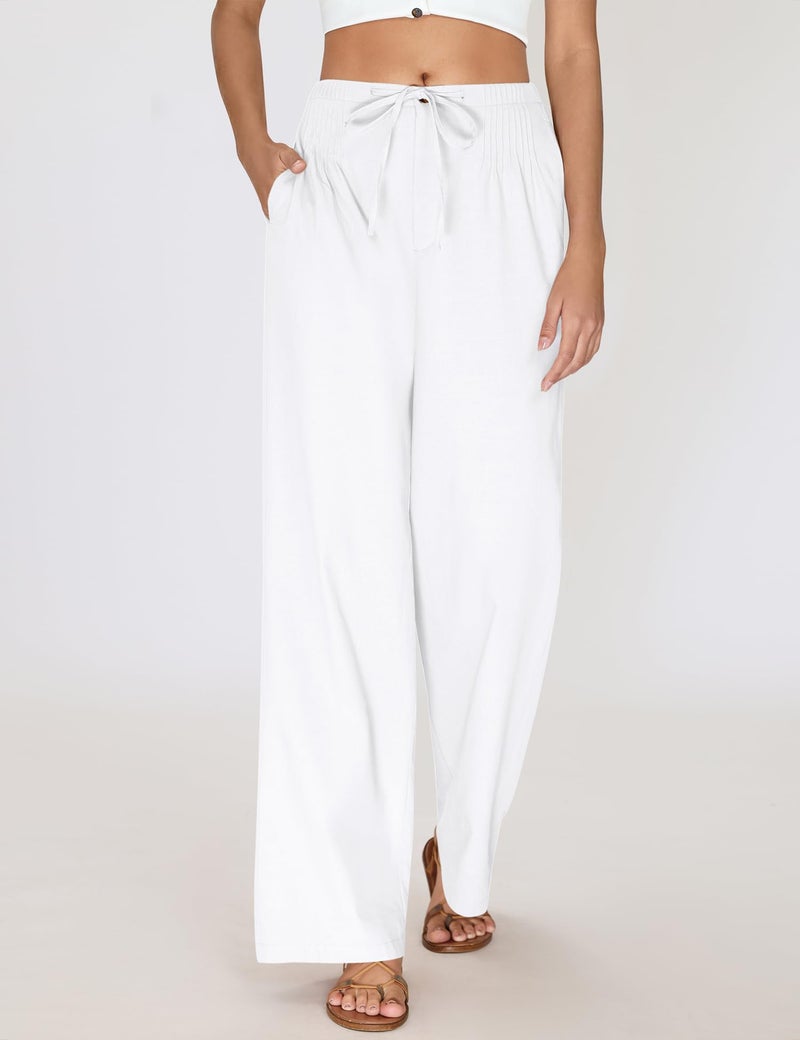 LOMON Womens Linen Pants Summer Wide Leg Cotton Pants Drawstring Elastic Waist Casual Loose Slacks Work Trousers with Pockets White - Image 2
