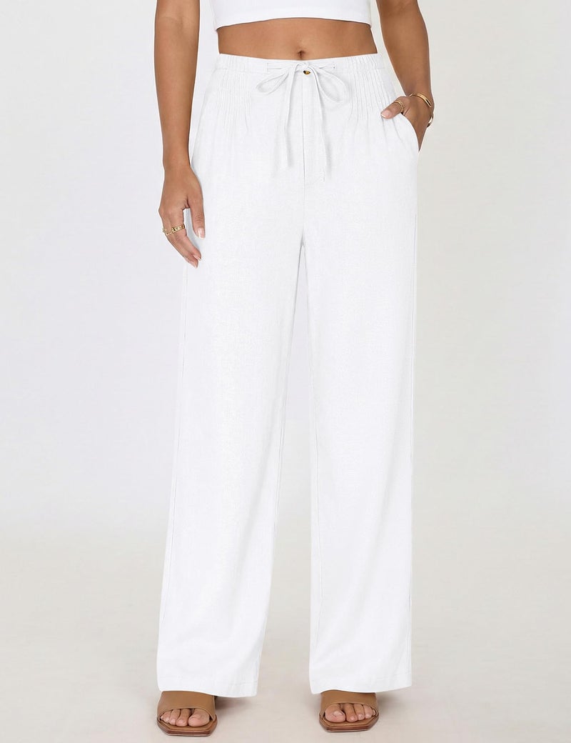 LOMON Womens Linen Pants Summer Wide Leg Cotton Pants Drawstring Elastic Waist Casual Loose Slacks Work Trousers with Pockets White - Image 5