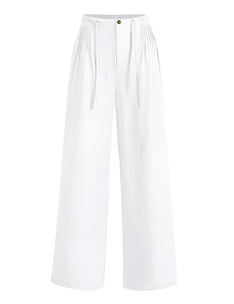LOMON Womens Linen Pants Summer Wide Leg Cotton Pants Drawstring Elastic Waist Casual Loose Slacks Work Trousers with Pockets White - Image 1