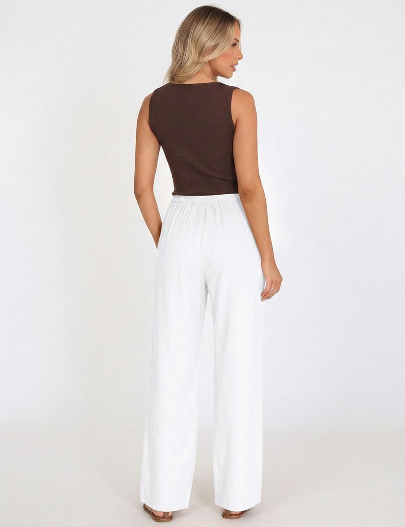 LOMON Womens Linen Pants Summer Wide Leg Cotton Pants Drawstring Elastic Waist Casual Loose Slacks Work Trousers with Pockets White - Image 3