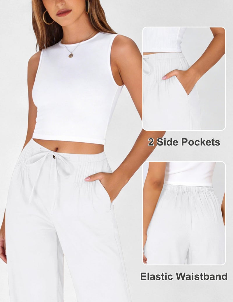 LOMON Womens Linen Pants Summer Wide Leg Cotton Pants Drawstring Elastic Waist Casual Loose Slacks Work Trousers with Pockets White - Image 4