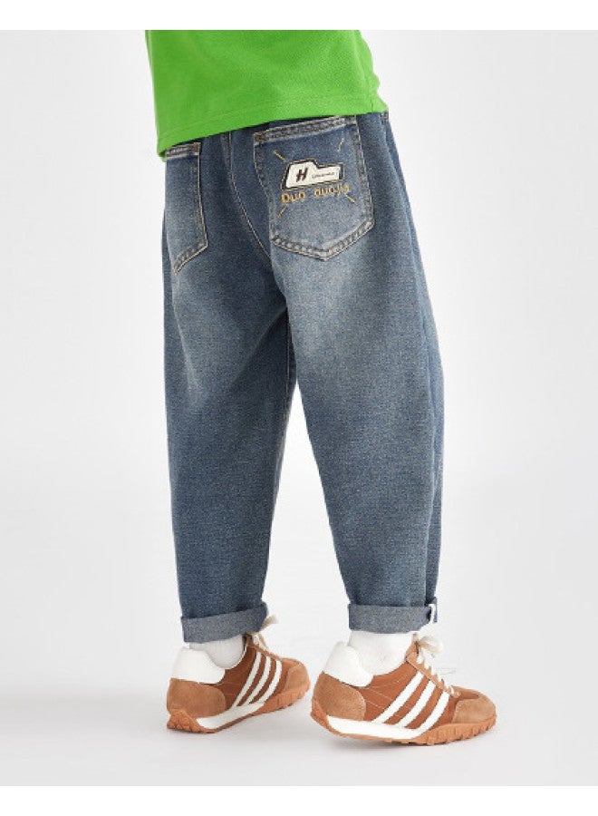 SKIN Friendly Soft Denim】2025 Spring/autumn Boys' Pants With Embroidered Pockets, Versatile Washed Casual Trousers For Kids - Image 1