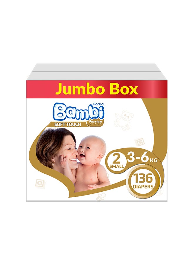 Sanita Bambi Baby Diapers Jumbo Box Size 2, Small, 3-6 KG, 136 Count - Image 1