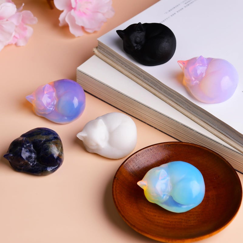 Ytbeoxk 2.1 Inch White Jade Cat Crystal Statue  Healing Crystal Sleeping Cat Gemstones Decorations  Lucky Cute Kitten Figurines  White Cat Gift Crystal Home Office Desk Decor for Cat Lover Man Woman - Image 4