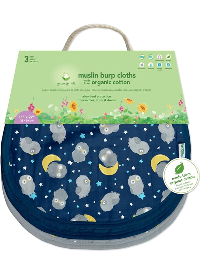 green sprouts Muslin Burp Cloths Pack Of 3 Blue Owl - Image 2