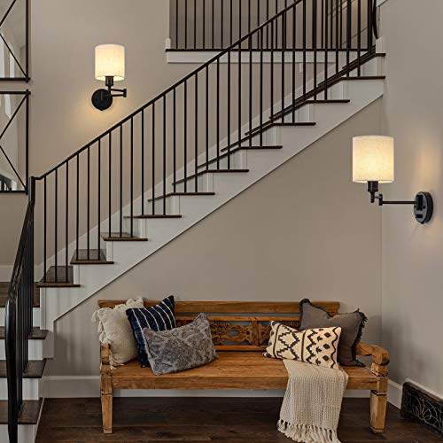 CADUKE Plug in Wall Light Set of 2, Swing Arm Wall Lamps, Modern Bedroom Wall Sconce Fixtures with Linen Lampshade for Reading Hallway Living Room - Image 2