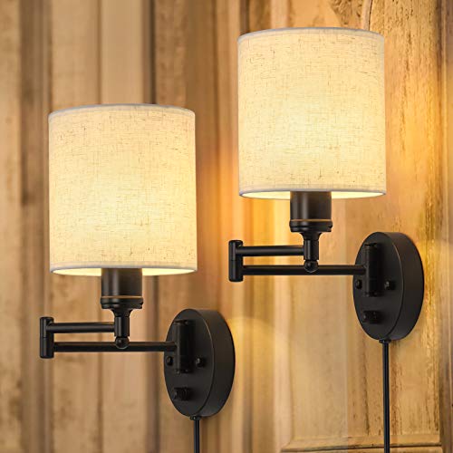 CADUKE Plug in Wall Light Set of 2, Swing Arm Wall Lamps, Modern Bedroom Wall Sconce Fixtures with Linen Lampshade for Reading Hallway Living Room - Image 1