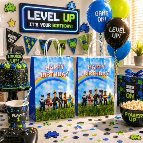 IndoTribe 16 Pcs Game Theme Gift Bags with Handles Goodie Bags Party Favor Bags Paper Bags with Handles for Candies, Treaty, Gifts and Return Gift Pixel Birthday Party Favors Video Game Birthday Party Supplies - Image 2